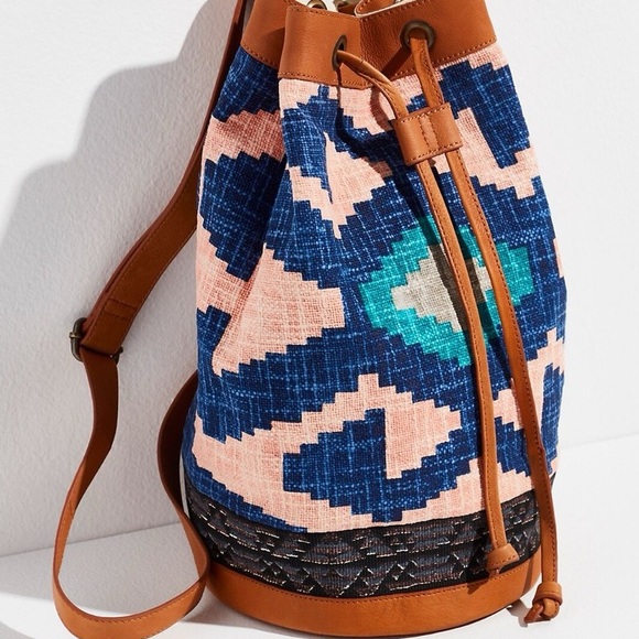Free People Pink and Blue Woven Bucket Backpack with Tan Trim